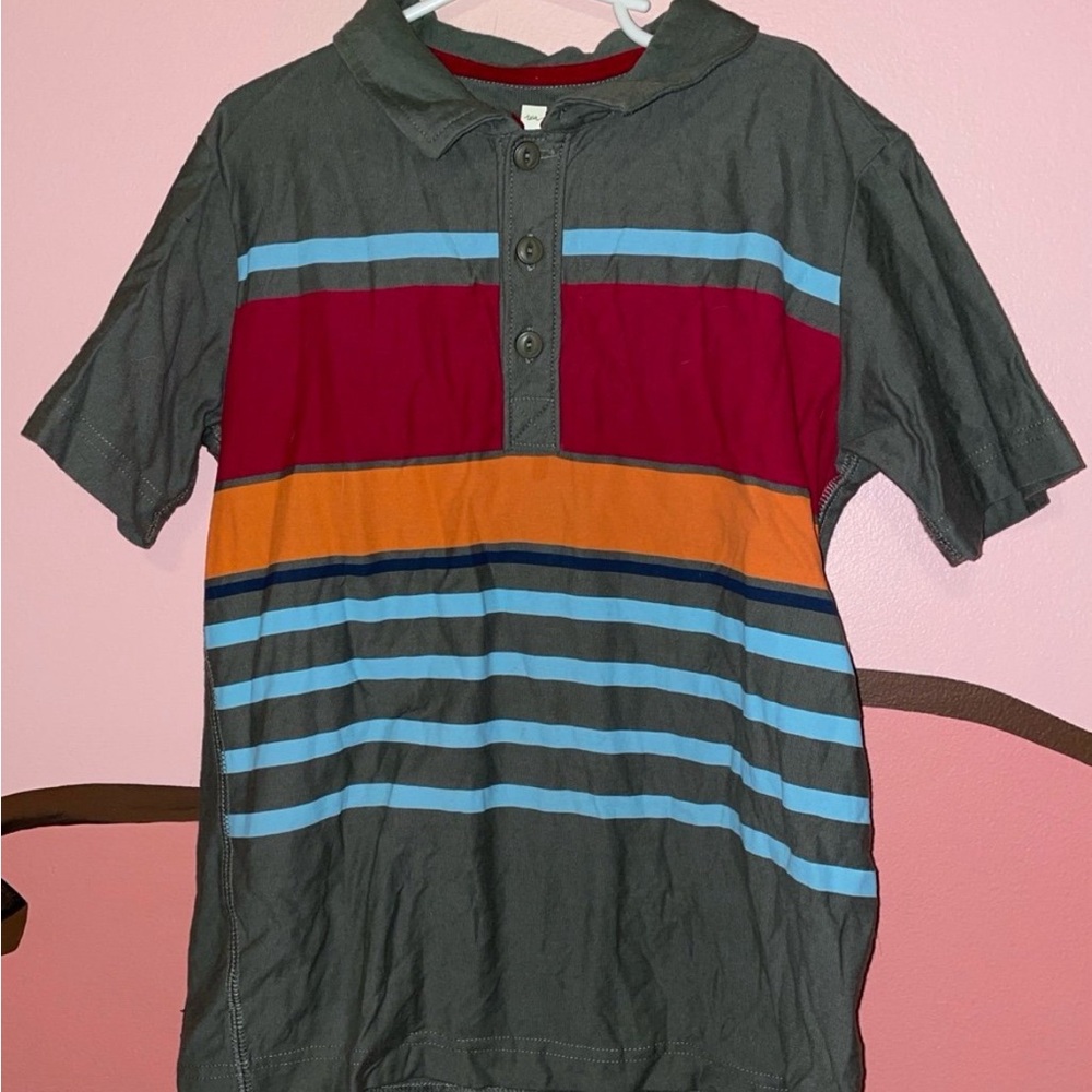 Tea Collection Gray and Red Short Sleeve Tees Casual Striped Design size 10 year